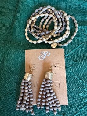 Plunder Taupe and Gold Beaded Wrap Bracelet with Tassel Earrings  $15